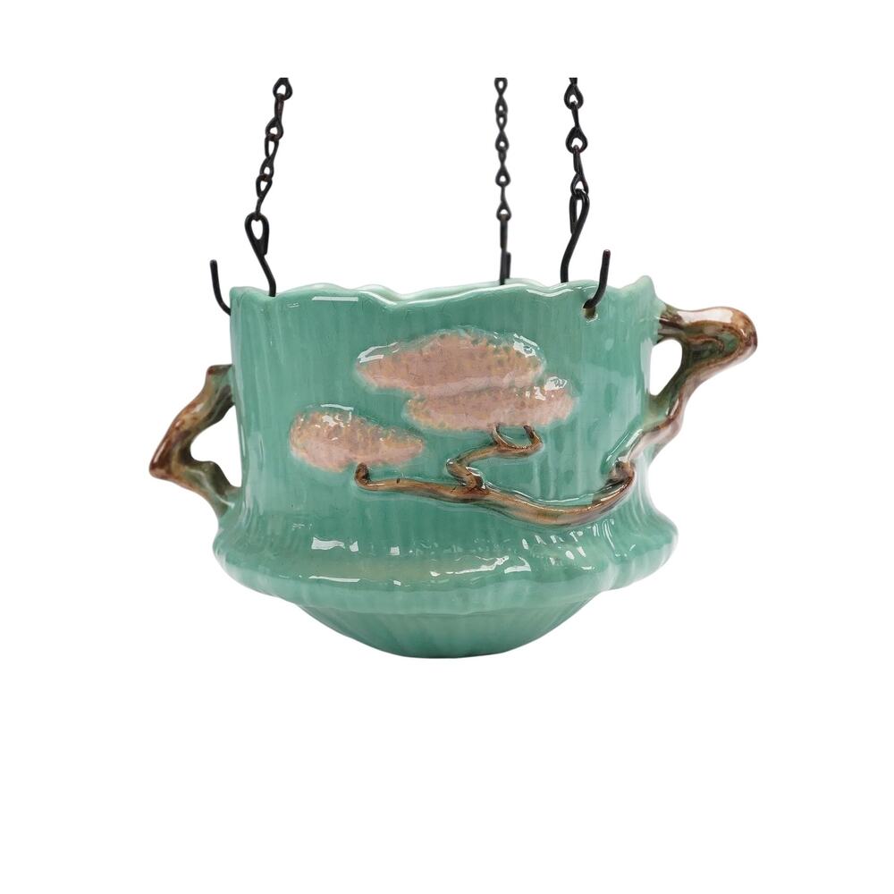 Rare 1949 Vintage Roseville Pottery Hanging Jardiniere Ming Tree Planter Basket